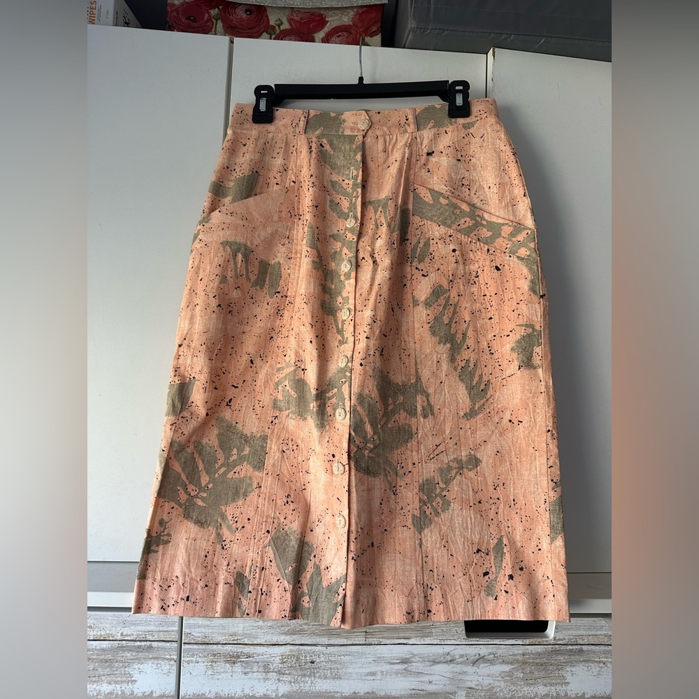 🌸 Steven Michaels Peach Floral Button Front Midi Skirt Made USA